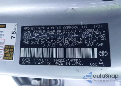 2008 Toyota Prius z USA, uszkodzony, nr VIN JTDKB20UX83350473